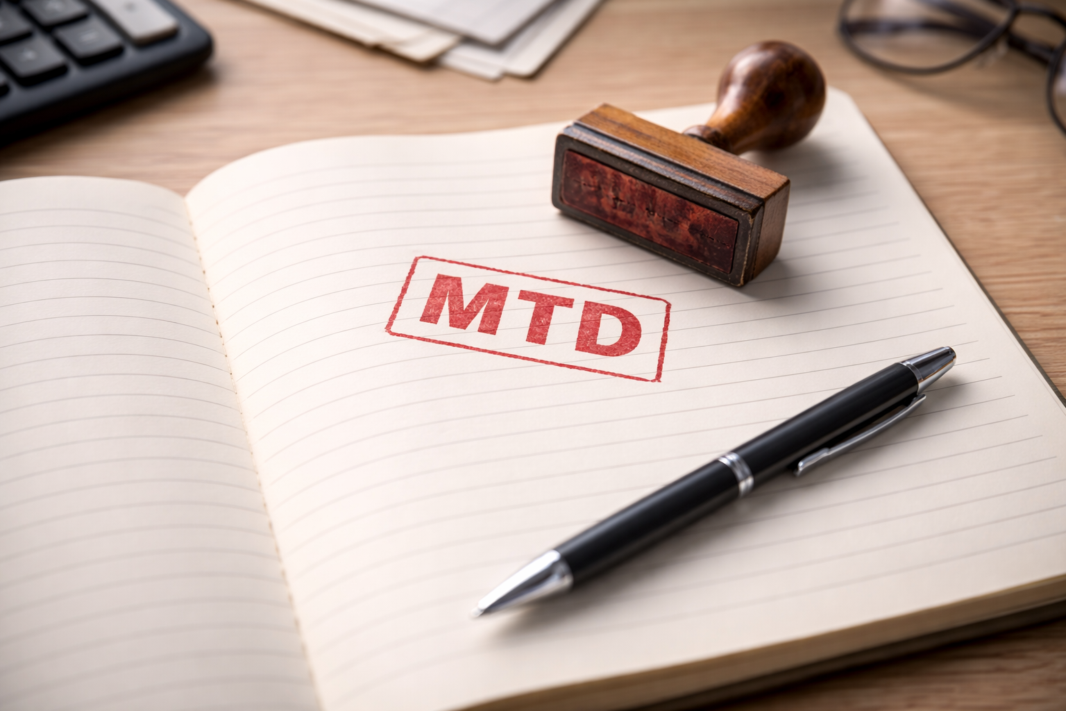 Notebook with pen and traditional tax stamp symbolising Making Tax Digital for Income Tax